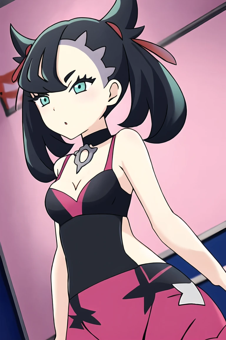 pokemonmarnie, aqua eyes, asymmetrical bangs, asymmetrical hair, black hair, hair ribbon, long hair, red ribbon, ribbon, twintails, room, breasts, cleavage
