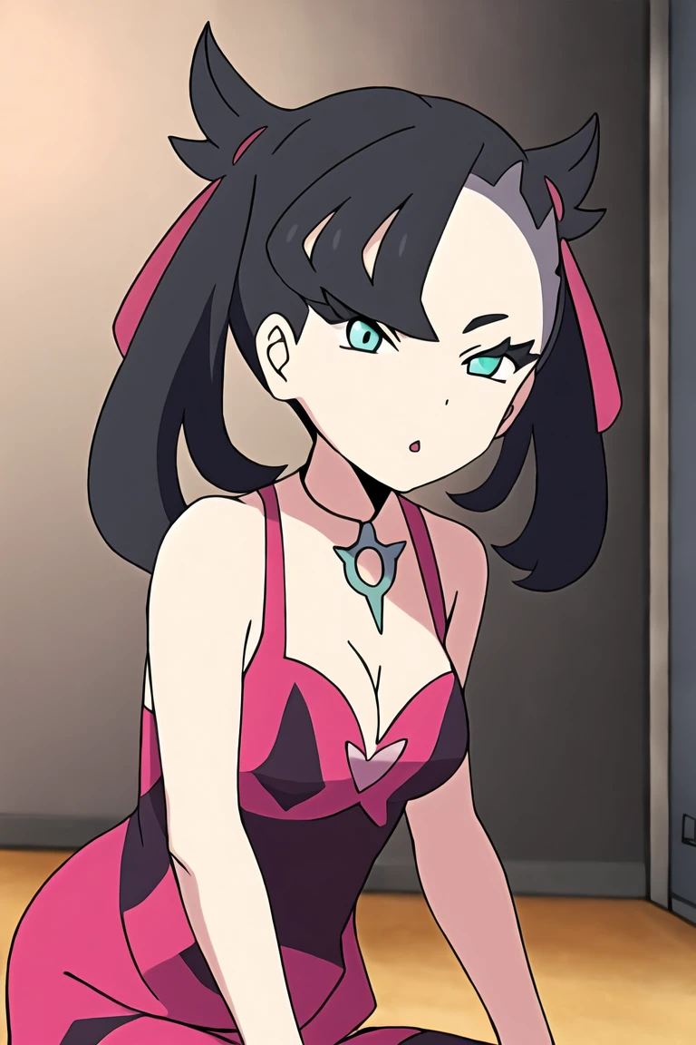 pokemonmarnie, aqua eyes, asymmetrical bangs, asymmetrical hair, black hair, hair ribbon, long hair, red ribbon, ribbon, twintails, room, breasts, cleavage
