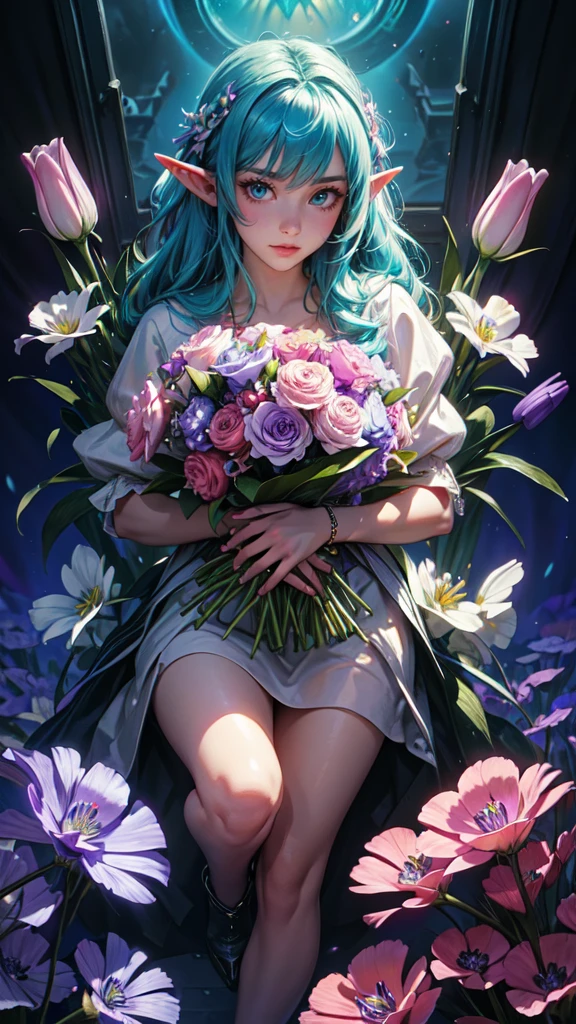 ((Best quality)), ((masterpiece)), (detailed:1.3), 3D ,HDR (High Dynamic Range), beautiful rainbow gradient bioluminescent soft light,radiosity, slight smile, Turquoise hair, Amethyst Purple eyes, carnations and tulips and orchids an anemones and lilies and roses in the background, Vivid contrast, hight resolution, fantasy art, Dramatic shadows, 8k overly positive and idealized perspective, pleasant, romanticized,detailed face, detailed eyes, detailed hands, elf woman, full body