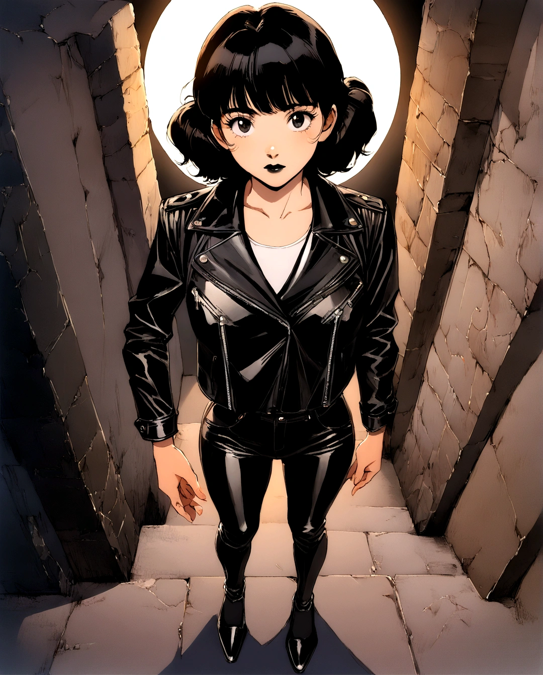 (best qualityer, work of art), 1 girl, 1980s \(styled\), gazing at viewer, Poster \(styled\), Masterpiece, photorealistic, highly detailed, a young woman with smooth  dark long black hair with bangs and black eyes and black lips, wearing leather jacket and leather pants, standing, looking at camera, in a gloomy smoke filled alley at night with a full moon, BREAK, Art style by Yoshiaki Kawajiri and Tsukasa Hojo and Toshihiro Kawamoto - -intricately detailed face - -80s and 90s anime still - -1980s retro anime - -1980s and 1990s anime retro nostalgia -highly detailed profile BREAK, ARISTYLE4, Soft Pastel -depth of field, Cinematic Angles, Dynamic angles, (((masterpiece))), perfect face, ((full body shot)),