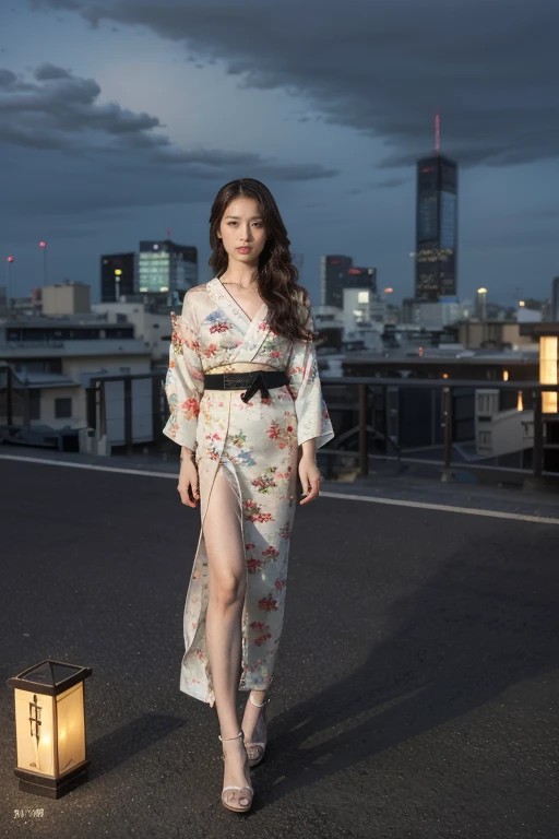 dramatic，Tense atmosphere，((masterpiece)),((best quality)),((High Detail)),((Practical,)) Film Grain，Spectacular clouds，Tokyo night view，Alafid landscape of the coastline, Building Street, market, Cyberpunk, European Architecture, night, neon, Panoramic view, Various buildings, Japanese weird style，Movie stills，1 Woman，Stand on the rooftop，Charming long hair，Collar，Collar，Collar，Delicate face, Delicate and eye-catching, Very detailed eyes，Charming clavicle，(((Intricate Japanese Kimono、Colorful，embroidery，pattern)))，Beautiful long legs，High heel，Very detailed details，Standing