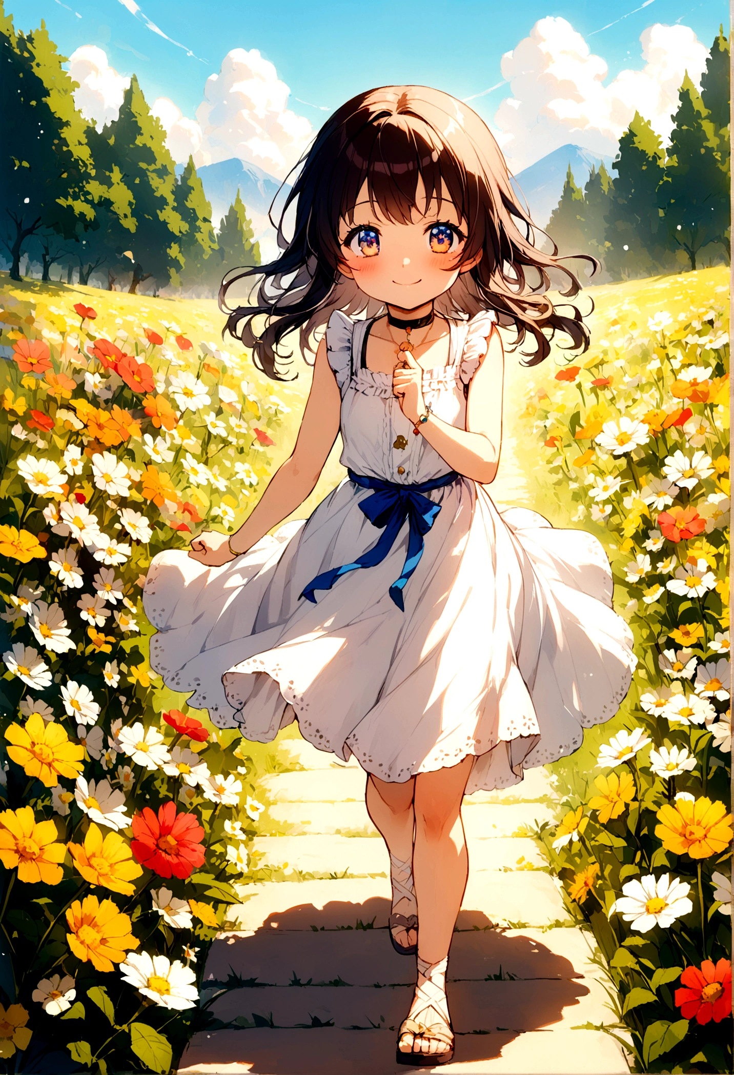 8 year old girl, western clothes、doress、Sleeveless、A smile、Eye Color Contacts、accessorized、full body Esbian、Walking、summer、flower meadow