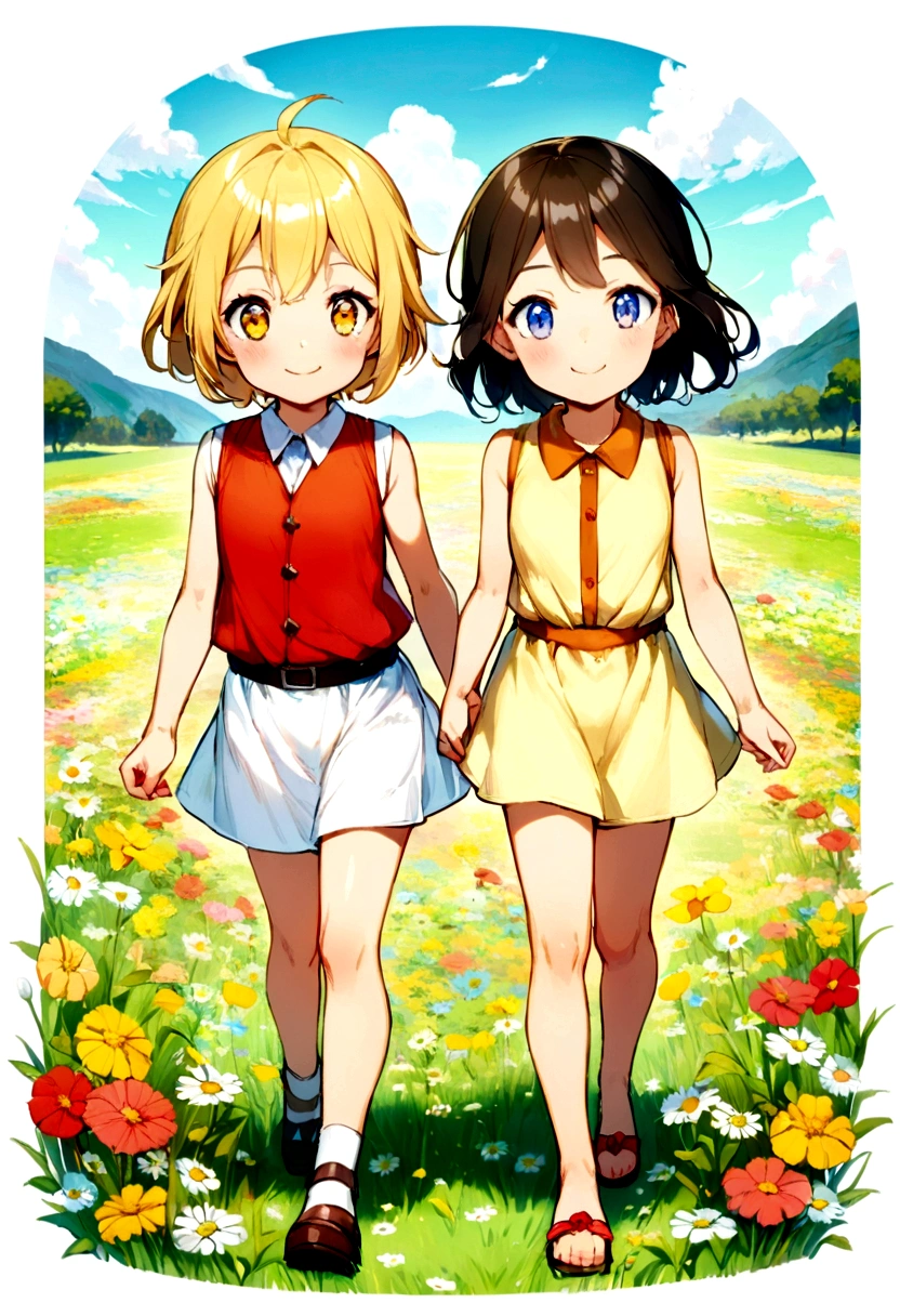 masterpiece, best quality, 2girls, young , petite, slim, flat chest, school shirt, white panties, sitting by a forest lake, picnic, lunch, smile, summer, warm, soft light, bright, watercolor