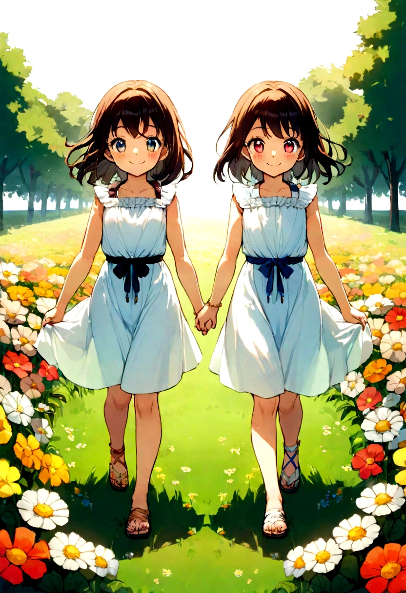 8 year old girl, western clothes、doress、Sleeveless、A smile、Eye Color Contacts、accessorized、full body Esbian、Walking、summer、flower meadow 