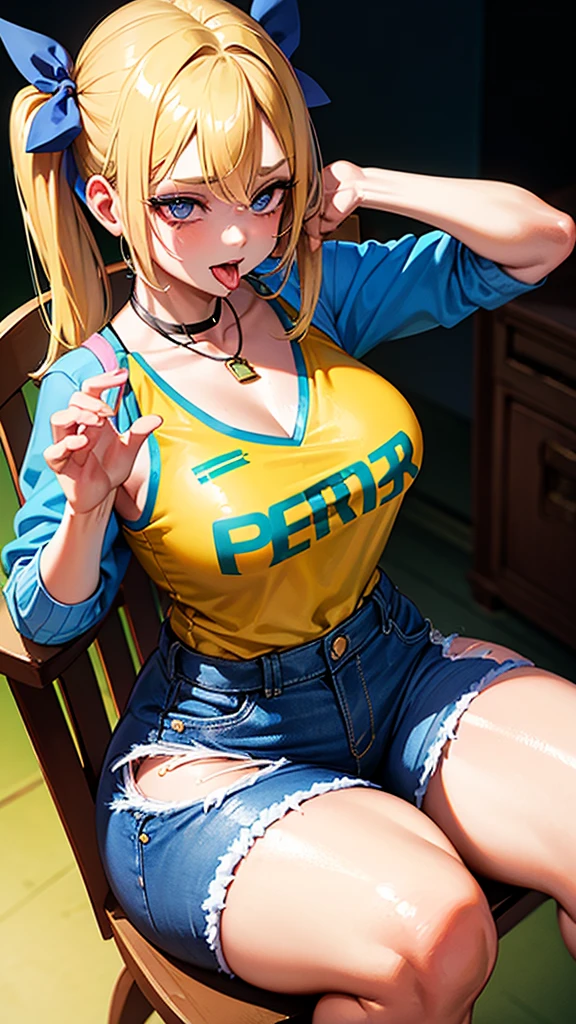 woman with Brazil football shirt, 25 years old, short denim shorts, realistic anime image, blonde pigtail hair, blue bows in her hair, necklace around her neck, doing ahegao, big breasts and ass, sitting on a chair, with tongue out, with face covered in cum