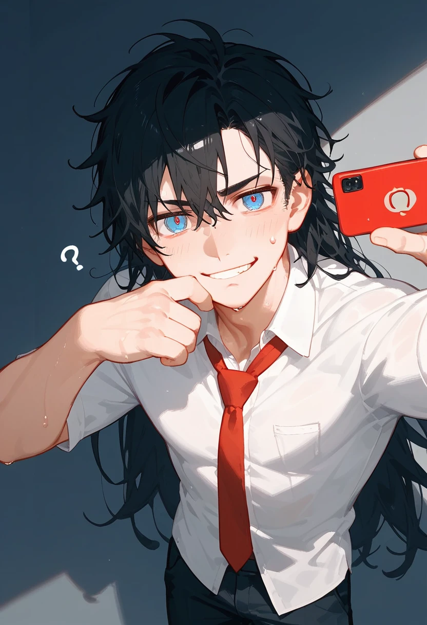 (masterpiece, High resolution, Super detailed:1.0), (1 male, Adult male, Soft and handsome face), Very high, the right amount of muscle, Exquisite eyes and exquisite face, Extremely detailed CG, unified 8k wallpaper, intricate details, Detailed face, (black hair, long hair, messy hair), (water blue eyes,half-open eyes), half open white shirt, Black suit pants, Mouth biting lower lip, Pulling the red tie around his neck with one hand, Taking a selfie with a mobile phone in one hand), (Slightly red cheeks, sweat, Confused eyes, Evil smile:1.3), Against the light black wall, relaxed and casual attitude