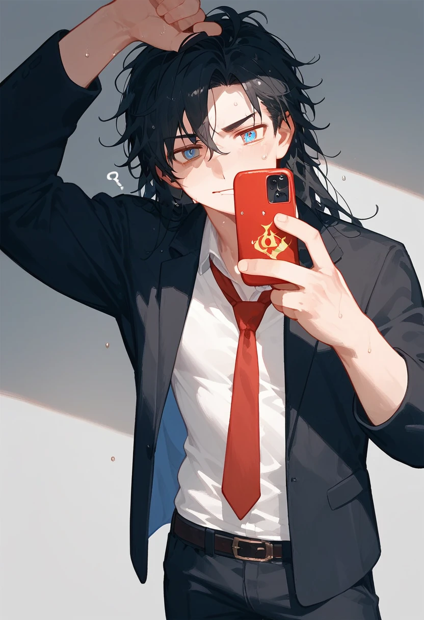 (masterpiece, High resolution, Super detailed:1.0), (1 male, Adult male, Soft and handsome face), Very high, the right amount of muscle, Exquisite eyes and exquisite face, Extremely detailed CG, unified 8k wallpaper, intricate details, Detailed face, (black hair, long hair, messy hair), (water blue eyes,half-open eyes), half open white shirt, Black suit pants, Mouth biting lower lip, Pulling the red tie around his neck with one hand, Taking a selfie with a mobile phone in one hand), (Slightly red cheeks, sweat, Confused eyes, Evil smile:1.3), Against the light black wall, relaxed and casual attitude