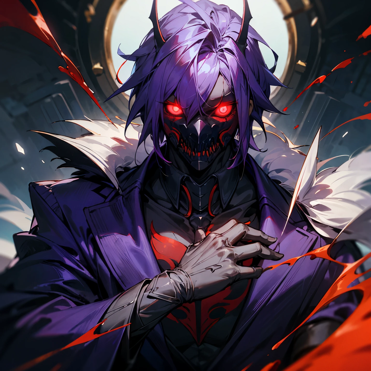 ((best quality)), ((masterpiece)), (detailed), 1boy, blood, monster mask, purple suit, glowing red eyes, purple hair