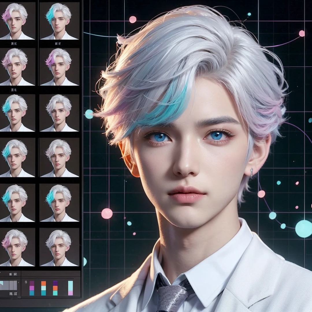 Handsome boy, (white hair highlighted with pink, turquoise, and purple), light blue eyes, wearing white formal