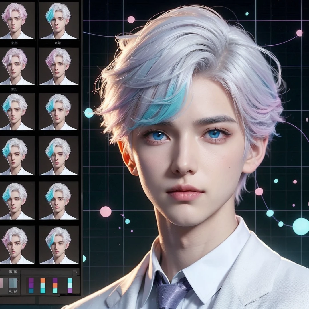 Handsome boy, (white hair highlighted with pink, turquoise, and purple), light blue eyes, wearing white formal