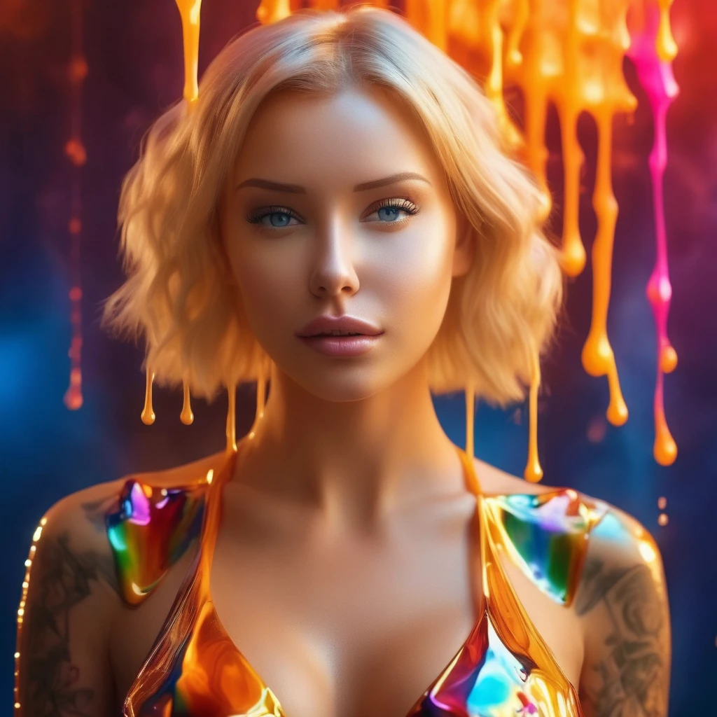 Beautiful blonde woman, with wax dress melting and dripping down the body (masterpiece: 1.2), (best quality), 4k, ultra-detailed, (dynamic composition: 1.4), highly detailed, colorful details, (iridescent colors: 1.2), (bright lighting, atmospheric lighting), dreamy, magical, (solo: 1.2)