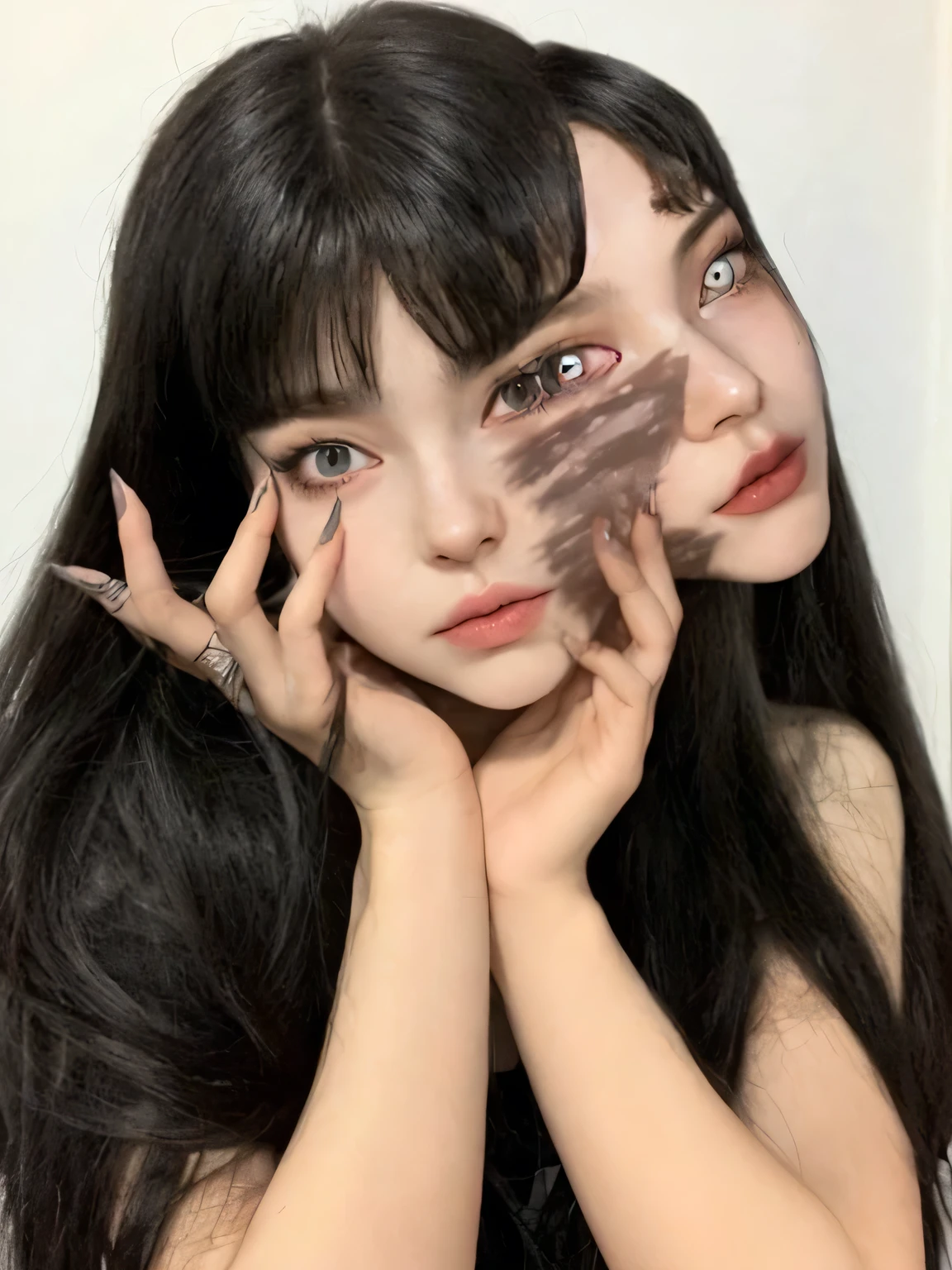 Beautiful woman with Tomie cosplay, two faces, demon's eyes, Scars, long black hair, face of Karina from Aespa, woman with a face coming out of her face, black lined eyes.