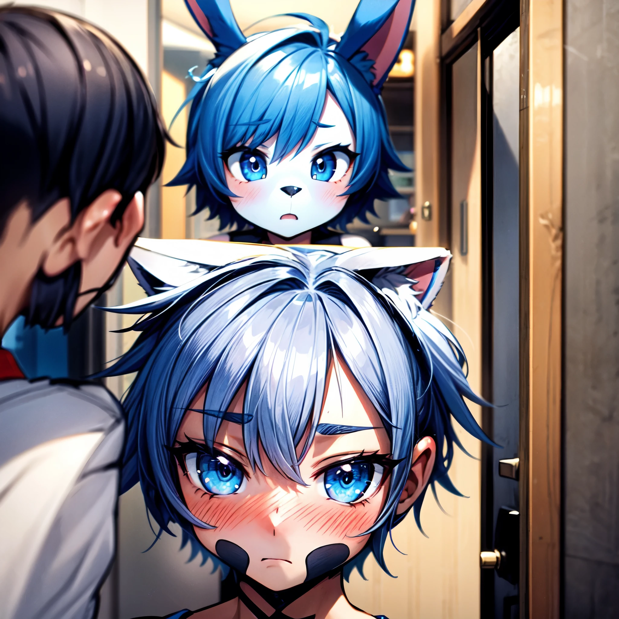 (best quality), (masterpiece), (detailed) adult male, very short blue hair, detailed blue eyes, blue furry rabbit ears, distressed expression, blushing