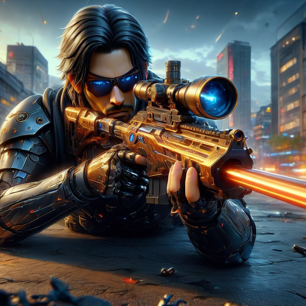 Upper body photograph of (JohnnyCyber:1.2) aiming his silver-cyberpunk sniper rifle, cyberpunk clothes with samurai design prints, (face of Keanu Reeves:1.2), (robotic-left-arm:1.3), brown pilot sunglasses, detailed face and skin, (cyberpunk-hotel-room:1.2), holographic images, strong bokeh, 16k, UHD, DSLR, insane detailed, film grain, award-winning picture, cinematic shot