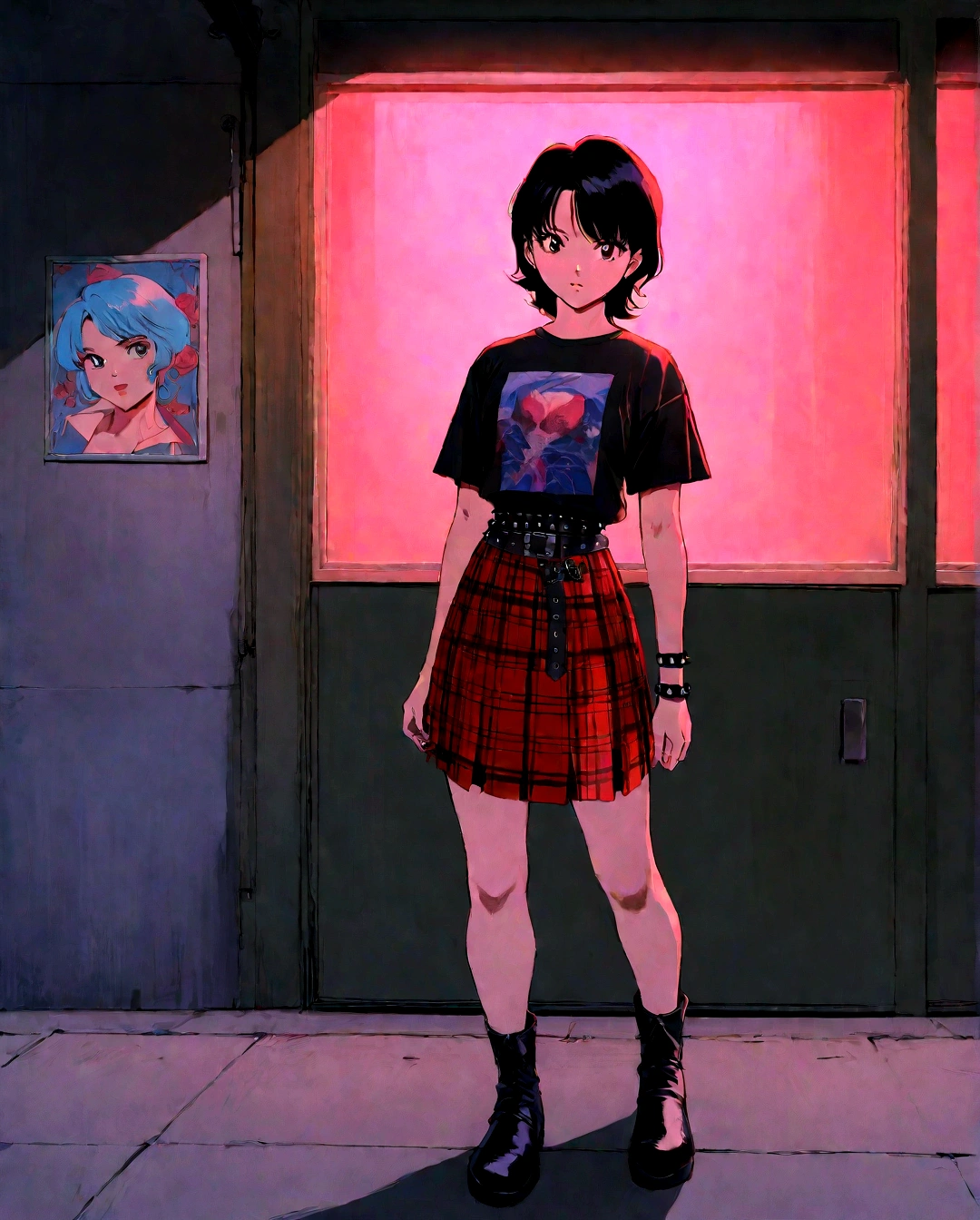 (best qualityer, work of art), 1 girl, 1980s \(styled\), gazing at viewer, Poster \(styled\), High resolution, full detailed, better image quality, Believe me a beautiful goth girl, who has black hair with Half-sided bangs painted dark red, with a short t-shirt, with a black and red plaid skirt, with black boots, with a punk style bracelet, and the punk style belt, full body, on a foggy night street, BREAK, Art style by Yoshiaki Kawajiri and Tsukasa Hojo and Toshihiro Kawamoto - -intricately detailed face - -80s and 90s anime still - -1980s retro anime - -1980s and 1990s anime retro nostalgia -highly detailed profile BREAK, ARISTYLE4, Soft Pastel -depth of field, Cinematic Angles, Dynamic angles, (((masterpiece))), perfect face, ((full body shot)),