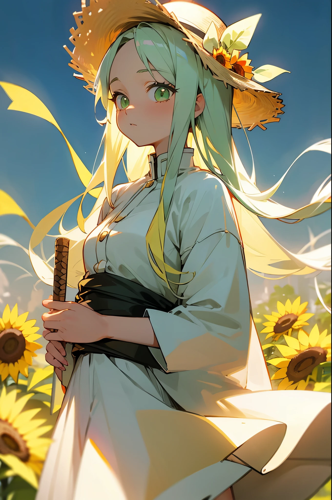 white dresses，White canvas shoeature girls，long white hair，Light green eyes，Wearing a straw hat，Sunflowers in straw hats，adolable，vivaciousness, demon slayer clothing