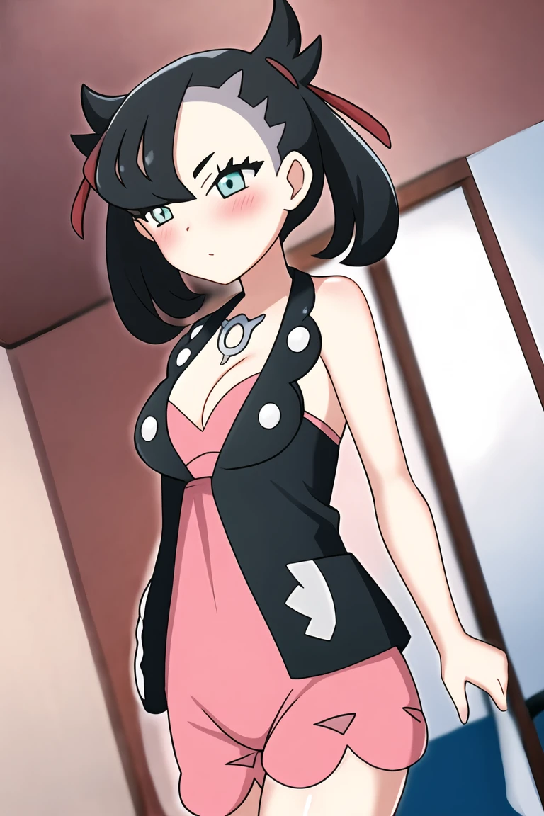 pokemonmarnie, aqua eyes, , black hair, hair ribbon, long hair, red ribbon, ribbon, twintails, room, breasts, cleavage, blush, highres,