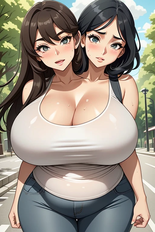 2heads, a tall fat woman with two heads. She has enormous breasts. She is outside in a park. She is laughing. She looks drunk. She is flirty. She is wearing a wet tank-top, wet sweaty top, sweat on shirt. Wearing jeans. She has enormous breasts. Deep cleavage. She is chubby. Massive breasts. She looks mature. She is extremely tall. She is extremely fat. She has massive fat breasts. She has long straight brown hair. Her sweater is loose and slipping, exposing her bra. She is extremely tall, looking down to viewer, low angle. Sweaty, hot and sweating.