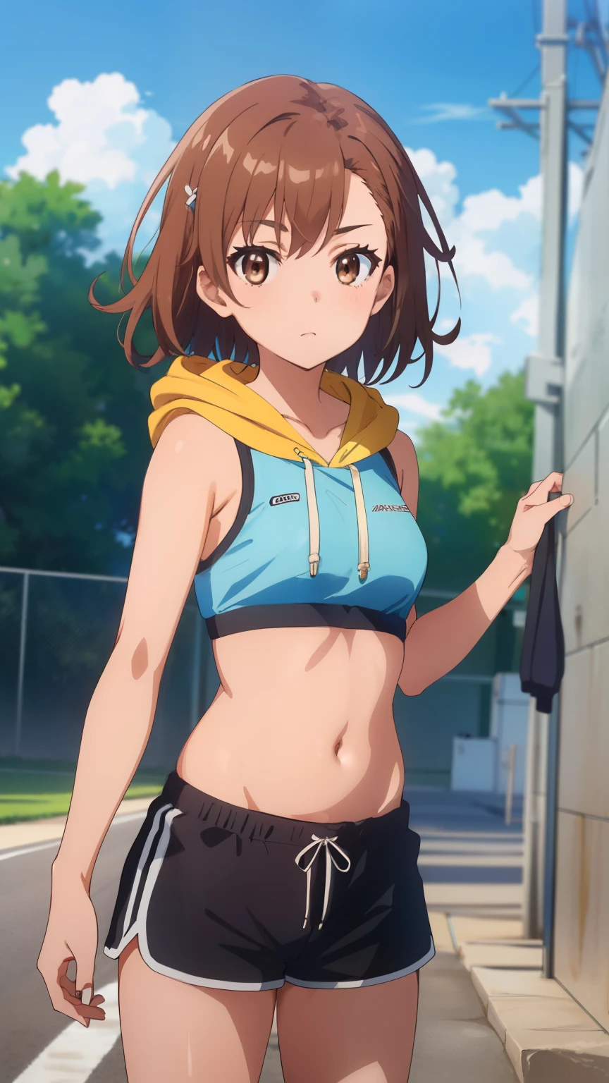 (masterpiece, best quality, 8k:1.2),Very detailed, (anime:1.1), misaka_mikoto, brown hair, medium hair, hairpin, , medium breasts, 1girl, (Open the hoodie, hoodie, Sleeveless, Sports Bra,belly button, Shorts), Cowboy shot, looking at viewer,