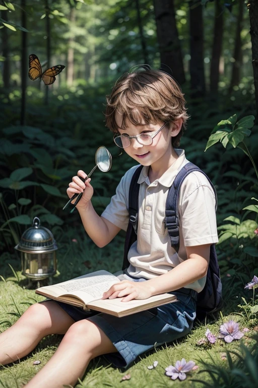 , boy, reading a book, sitting on the floor of the forest, surrounded by butterflies and other bugs, smilling, surrounded by a magnifying glass, a binocular, and a notebook with some drawings os animals, Pixar