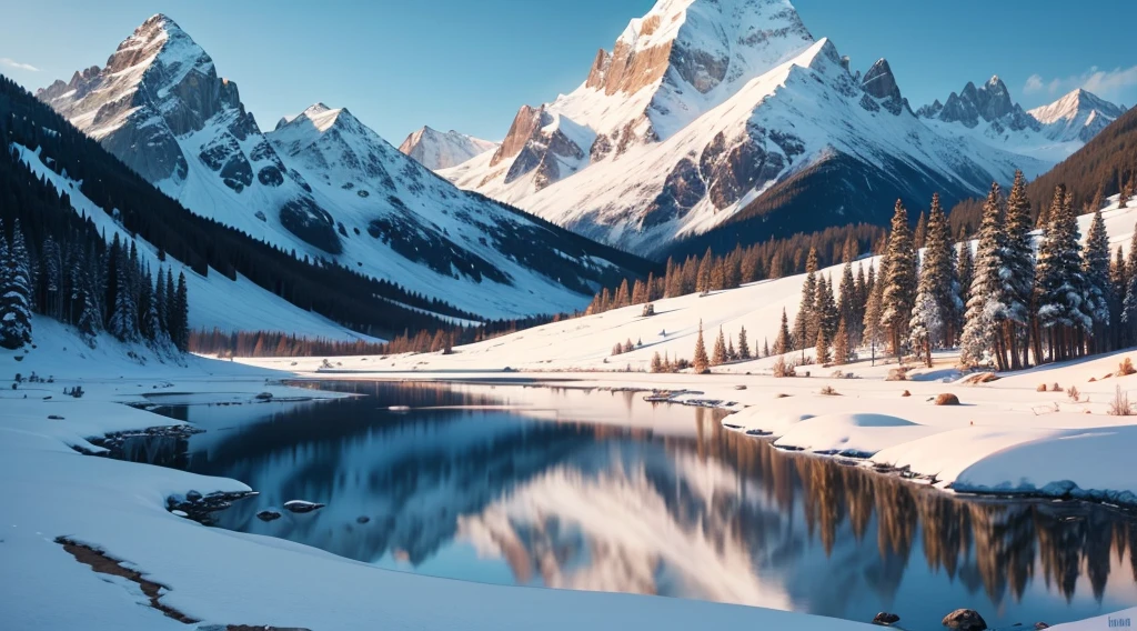 landscape of mountains with snow, very beautiful lake