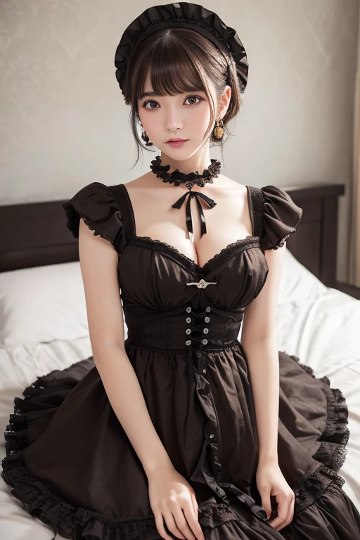 girl, White skin, ((Dark brown short tiered hair)), V cut with layers and bangs, Brown eyes, Soft atmosphere characteristics (Highest quality, Ultra-high resolution, 8K, RAW Photos, Ultra-high resolution: 1.2, masterpiece: 1.3), (Realistic, Realistic: 1.37), Very detailed, Professional Lighting, Photon Mapping, Radio City, 物理ベースレンダring, One Girl, (high school girl), Sharp focus:1.2、Beautiful woman:1.4,cute, Nice, Adorable, smile, Normal chest, Cross Necklace、Earrings、ring,(Cleavage)、Gothic Lolita Fashion, (((ピンクと黒のGothic Lolita Fashion, ))),Lolita Fashion,Belly button、((Dark brown short hair))、On the bed、Are sleeping、((Portraiture))、