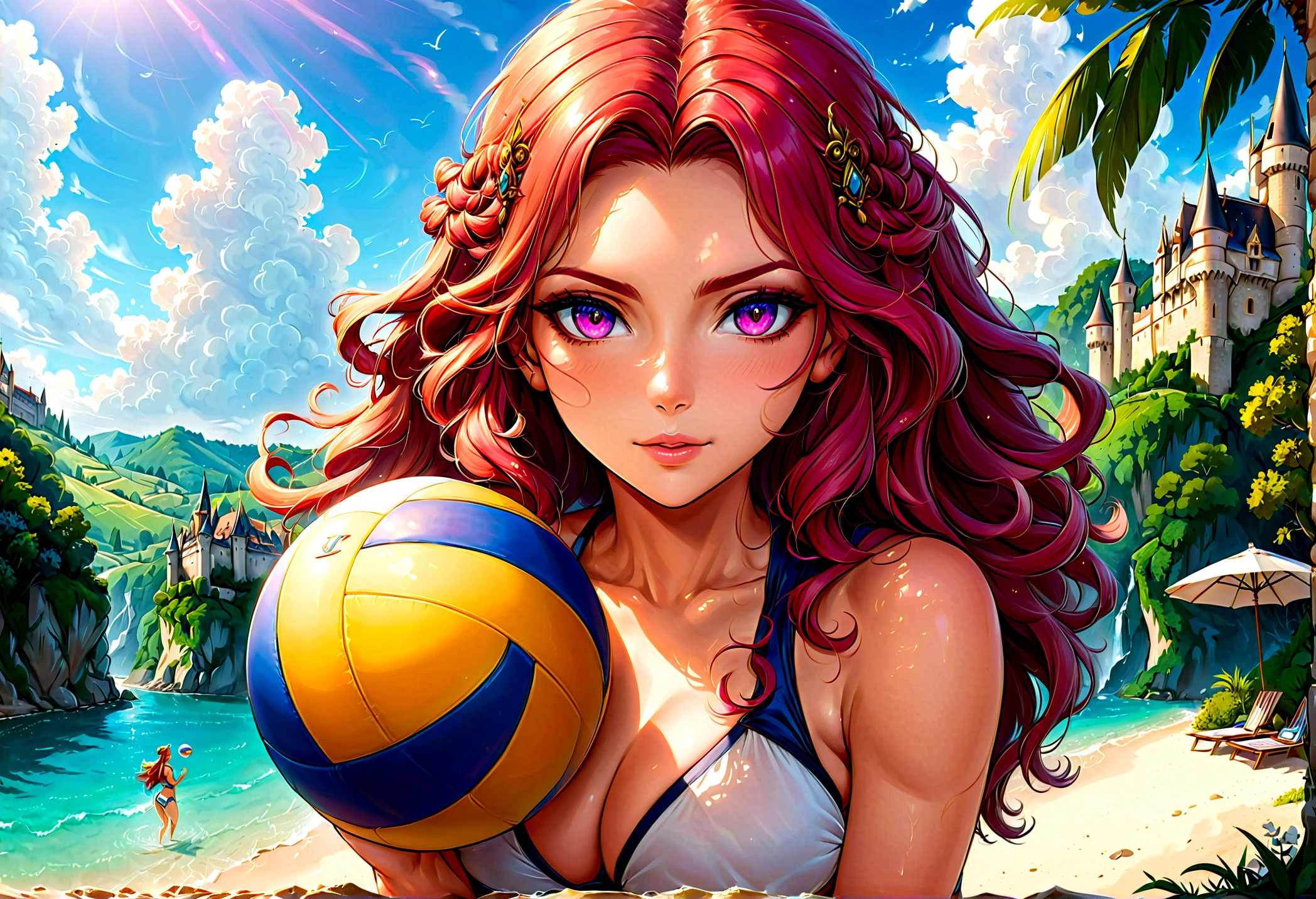 a masterful picture of a woman ((playing volleyball: 1.3) on an on coast of the Loir river, an extraordinary beautiful renaissance woman, long hair, wavy hair, dynamic hair color, dynamic eye color, playing volleyball, in a beautiful beach on the Loir river, best detailed face, a French medieval castle on the river bank in the background, Ultra-high resolution, High Contrast, (masterpiece:1.5), highest quality, Best aesthetics), best details, best quality, highres, 16k, [ultra detailed], masterpiece, best quality, (extremely detailed), Intense gaze, chumbasket art style, 