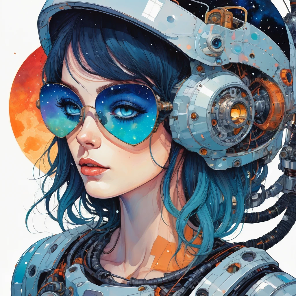 Galaxy space landscape, conceptual art, Vector, check details, Octane rendering, Ultra high quality, Ultra high resolution, Drawing, close-up drawing by Conrad Roset, (detailed mechanical eyes:1.5), reflections on a giant robot's helmet (glowing red neon glass transparent helmet:1.8), bioluminescence, fluorescent helmet, the robot has aged with moss on its rusty bronze armor, night, moonlight shadows, dramatic lighting, градиент поп-Surrealism, BREAK Подробнее, (darkness:1.3), (very detailed shadows:1.3), absolute shadows, absolute darkness, body silhouette, The robot's armor is covered in scratches., All projectiles have lost their reflections, An opaque mask allows only a small amount of red light to pass through.., Unreal engine, Surrealism, high quality