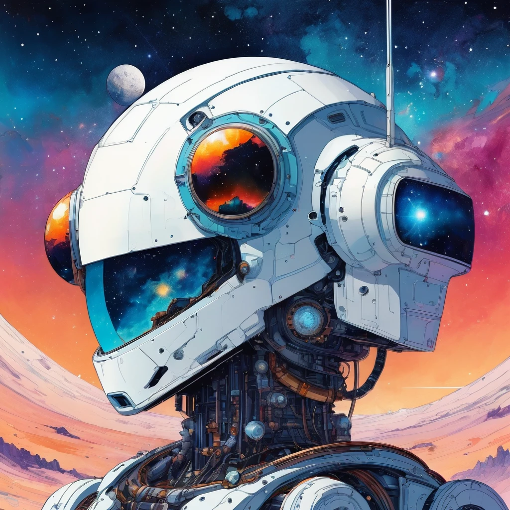 Galaxy space landscape, conceptual art, Vector, check details, Octane rendering, Ultra high quality, Ultra high resolution, Drawing, close-up drawing by Conrad Roset, (detailed mechanical eyes:1.5), reflections on a giant robot's helmet (glowing red neon glass transparent helmet:1.8), bioluminescence, fluorescent helmet, the robot has aged with moss on its rusty bronze armor, night, moonlight shadows, dramatic lighting, градиент поп-Surrealism, BREAK Подробнее, (darkness:1.3), (very detailed shadows:1.3), absolute shadows, absolute darkness, body silhouette, The robot's armor is covered in scratches., All projectiles have lost their reflections, An opaque mask allows only a small amount of red light to pass through.., Unreal engine, Surrealism, high quality