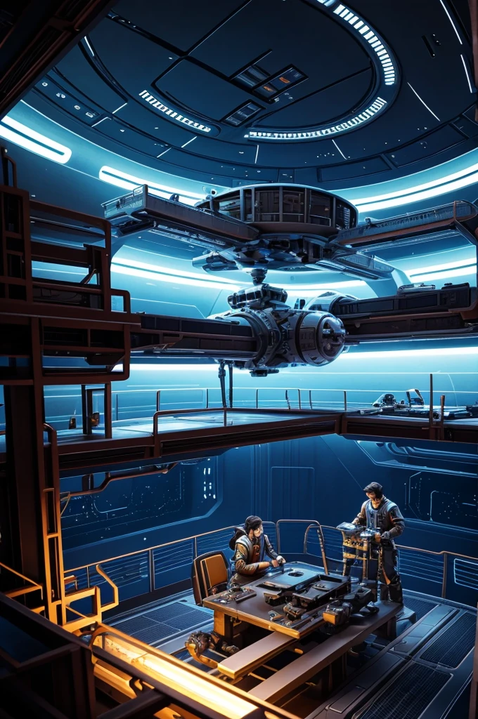 Image 2: Zarael and Lyra, mechanical engineering, working together on a spaceship]

