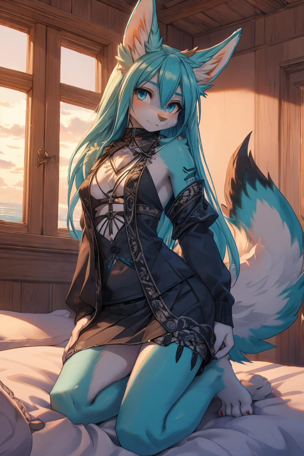 1girl, animal_ears, arms_behind_head, blue_hair, bound, bow, chain, fenrir_(shingeki_no_bahamut), fur, granblue_fantasy, long_hair, lying, navel, on_back, red_eyes, solo, cute, tail, tattoo, teeth, tied up, smiling, wolf_ears, wolf_tail, nsfw:2, anus, pussy, fluffy tail, no clothes