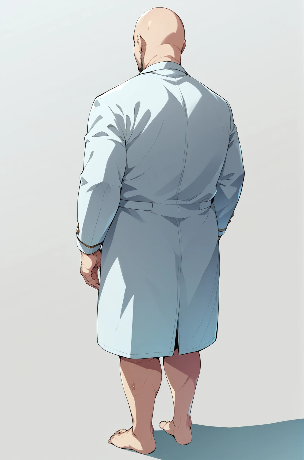 Back view、Man in white coat、Ultra-detailed illustrations、Ultra-precise expression、masterpiece、Highest quality、ultra High resolution、High resolution、Hiromitsu Takeda Style、White background、Simple Background、Bald man、whole body、pubic hair、Big penis、barefoot、