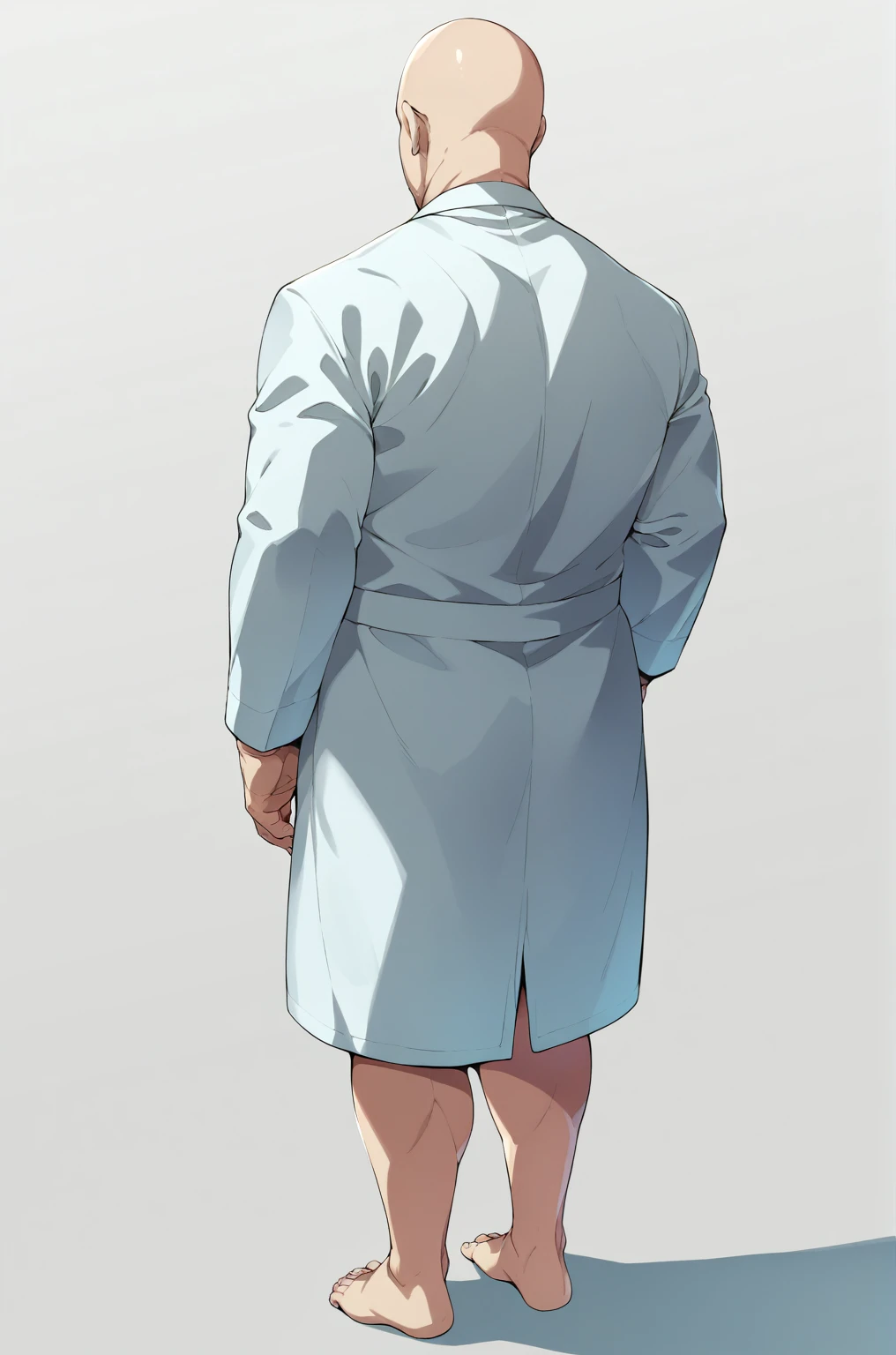 Diagonal angle from behind、A bald man in a white coat、solo、Ultra-detailed illustrations、Ultra-precise expression、masterpiece、Highest quality、ultra High resolution、High resolution、Hiromitsu Takeda Style、White background、Simple Background、whole body、barefoot、Standing posture、Back view、