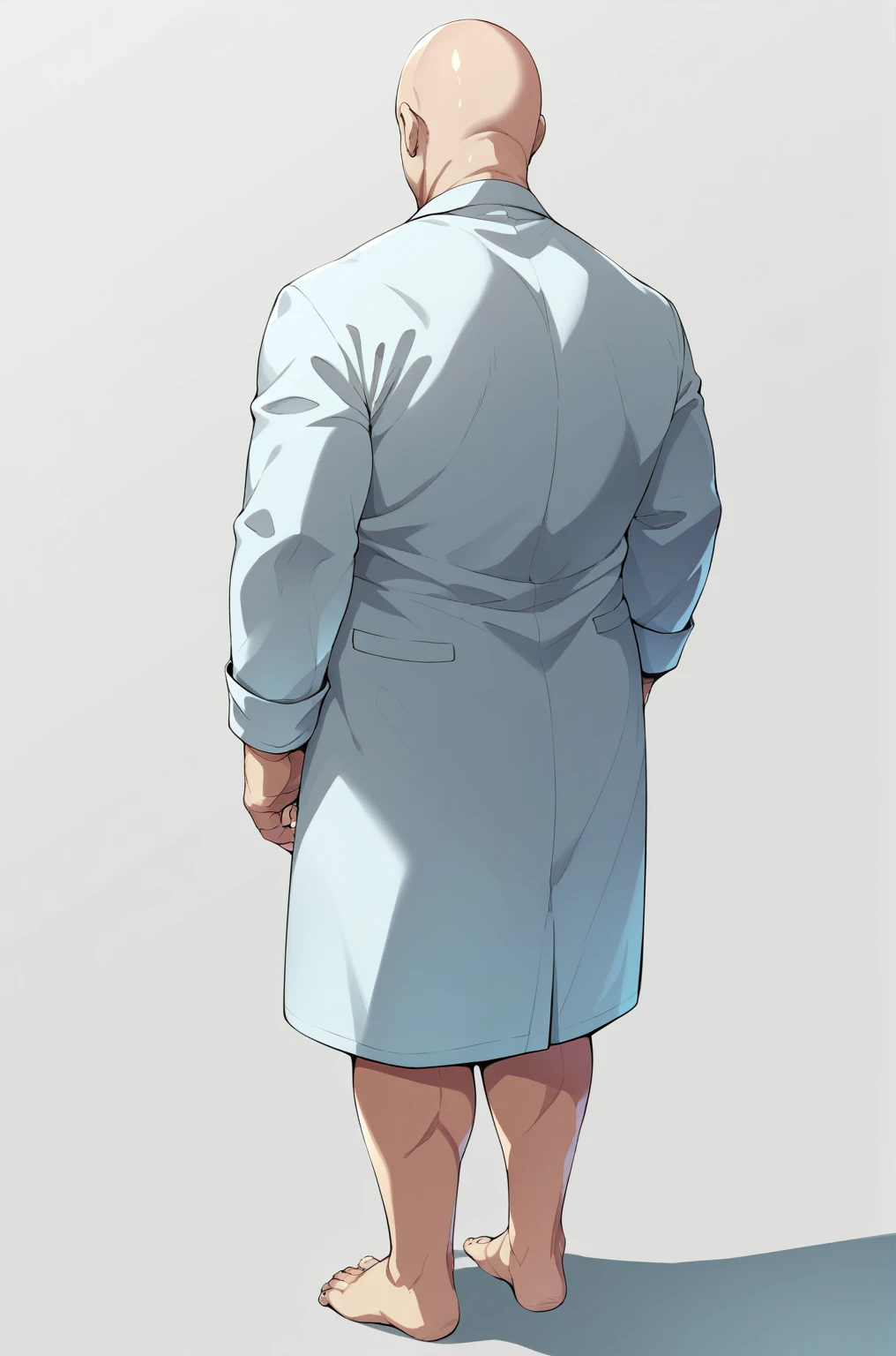 Diagonal angle from behind、A bald man in a white coat、solo、Ultra-detailed illustrations、Ultra-precise expression、masterpiece、Highest quality、ultra High resolution、High resolution、Hiromitsu Takeda Style、White background、Simple Background、whole body、barefoot、Standing posture、Back view、