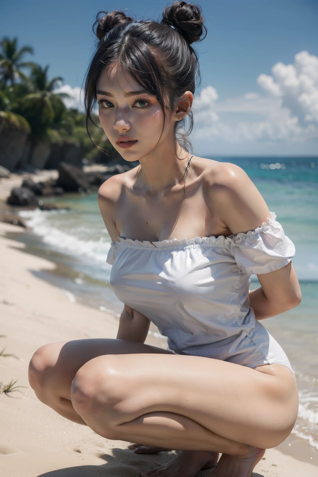 ((best quality)), ((masterpiece)), (detailed), 1girl, double bun hairstyle,
white off-shoulder swimsuit, covered big hard nipples, squatting position,
beach, arms behind back, strapless, front view