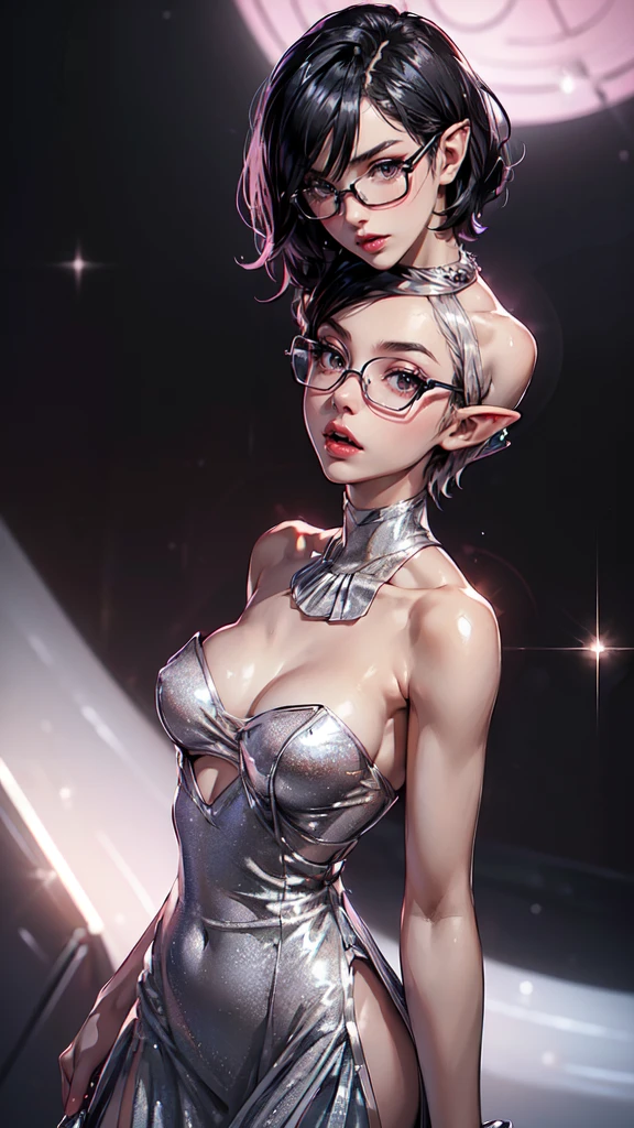 (1girl, solo, alone), (WakatsukiRisa, Sarada Uchiha, black hair, short hair, black eyes, red glasses), ((solo, (1woman, (small bust),pink lipstick, black eyes), Extremely detailed, ambient soft lighting, 4k, perfect eyes, a perfect face, perfect lighting, a 1girl)), ((fitness, shapely body, athletic body, toned body)), ((silver dress, ((((Strapless Midi Dress, long dress)), sparkling dress)), posing on a railing, diamond shimmering dress, wearing silver dress, fancy silver dress, sexy dress, tight dress, wearing a sparkling dress, transparent gray dress, glitter dress, skintight dress, short dress, sparkly, portrait demi rose, violet myers, short minidress, shiny and sparkling, revealing stylish dress, tight attire)),detailed face, detailed eyes, detailed hands, elf woman, full body