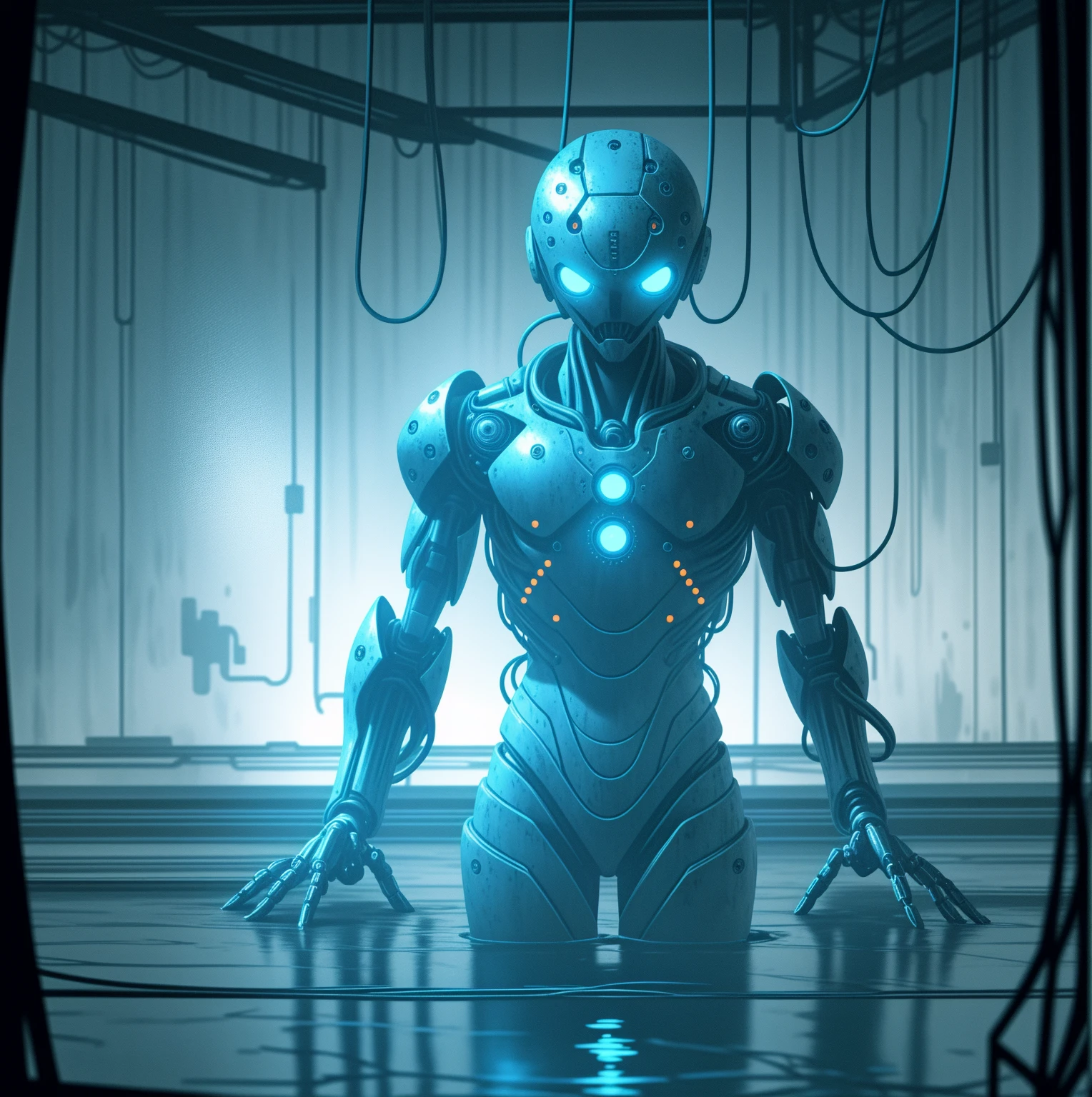 I giant humanoid robot torso, only top half of body, torso attached to a platform on the floor, long mechanical arms, slender robot fingers, rusting, disheveled, wires falling off, robot is falling apart, in the center of a giant chamber, placed above a pool of glowing blue liquid, menacing, intimidating