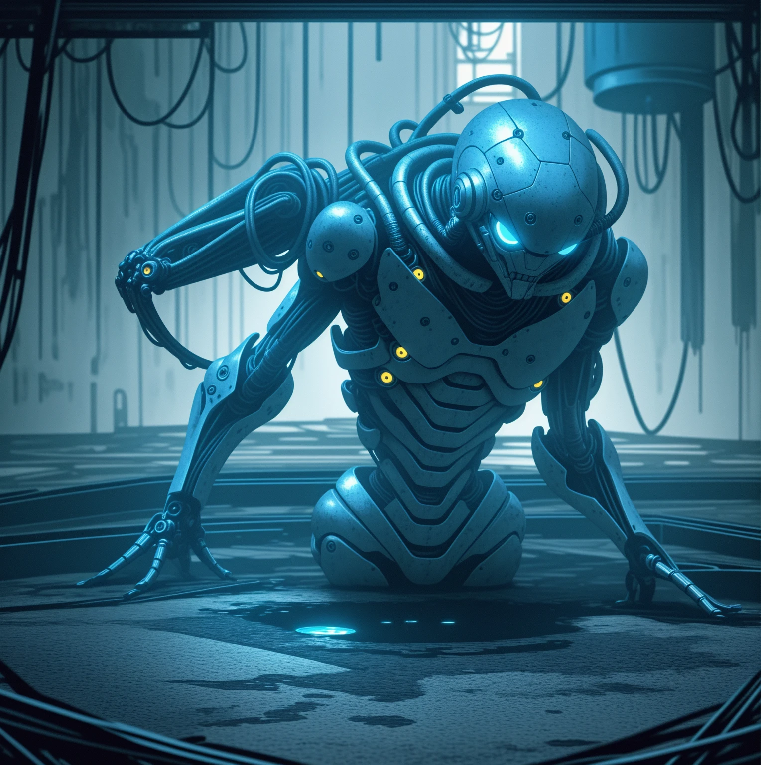 I giant humanoid robot torso, only top half of body, torso attached to a platform on the floor, long mechanical arms, slender robot fingers, rusting, disheveled, wires falling off, robot is falling apart, in the center of a giant chamber, placed above a pool of glowing blue liquid, menacing, intimidating