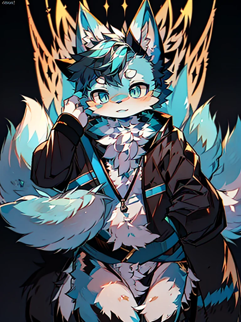 Anime style fox with blue eyes and black tail, Фолсен Art, Very high quality, Furry Art, очень милый Furry Art, blue furry, anime style, маленький blue furry