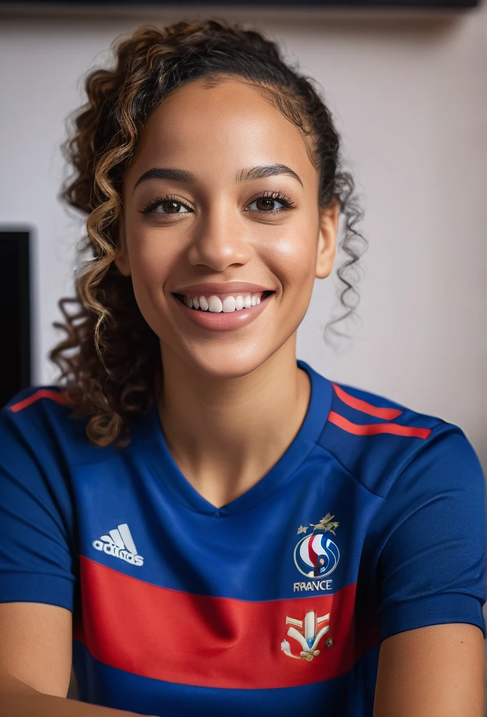 a smiling beautiful biracial woman,detailed facial features,beautiful eyes,full lips,long eyelashes,wearing a france national football team jersey,sitting in living room in front of television,high quality,photorealistic,warm lighting,vibrant colors,detailed background,cinematic composition,masterpiece