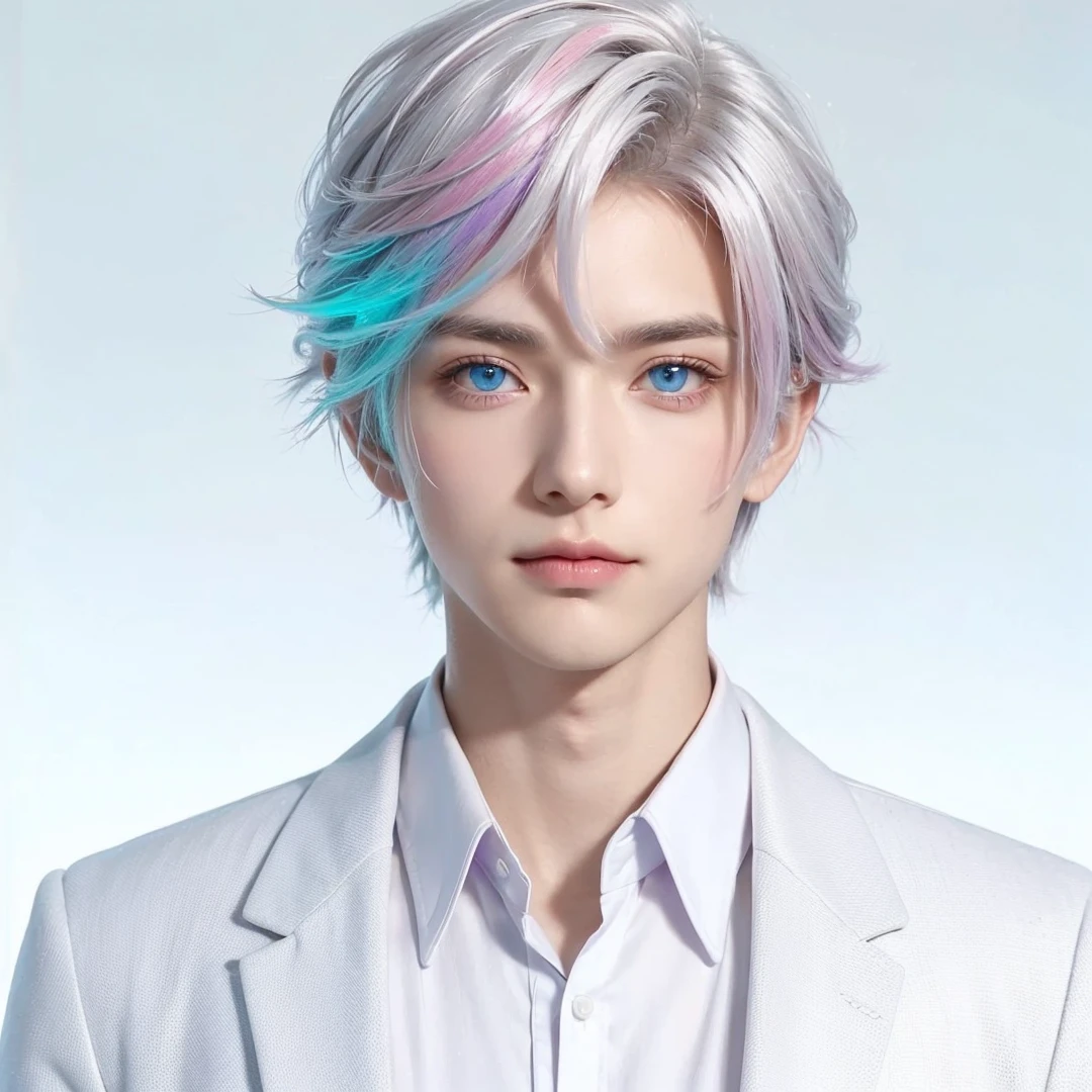 Handsome boy, (white hair highlighted with pink, turquoise, and purple), light blue eyes, wearing white formal