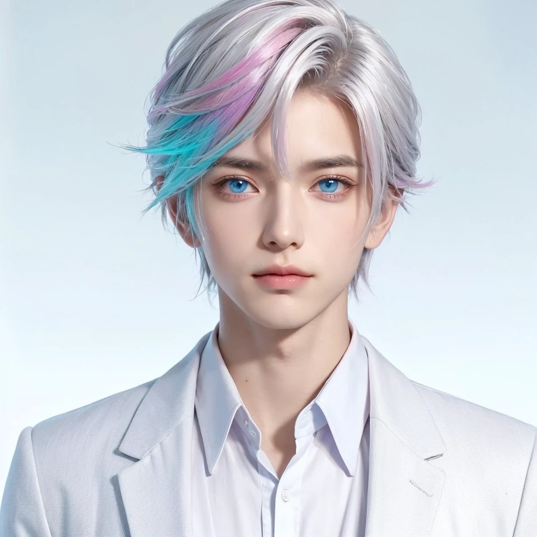 Handsome boy, (white hair highlighted with pink, turquoise, and purple), light blue eyes, wearing white formal