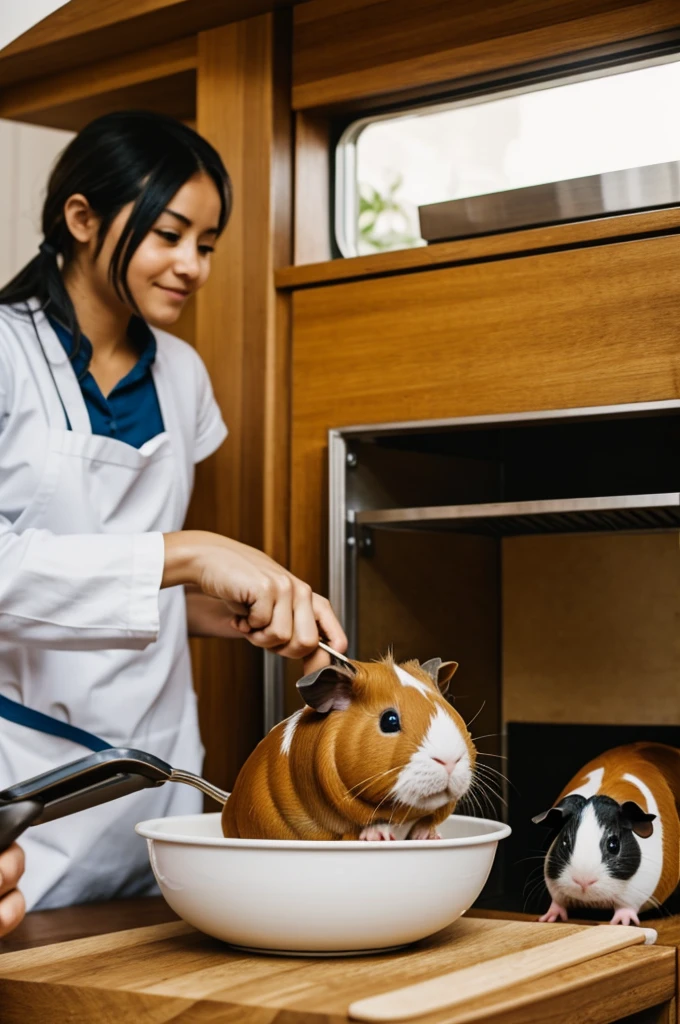 People cooking and a guinea pig eating its food 
