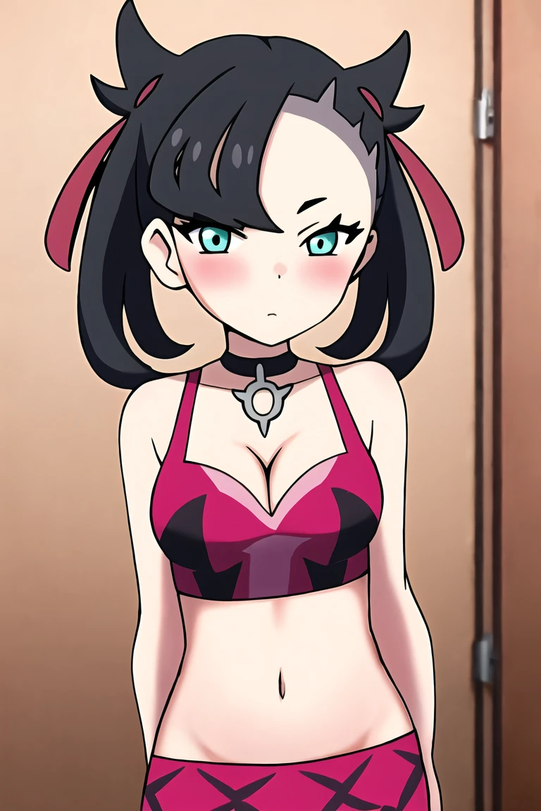 pokemonmarnie, aqua eyes, , black hair, hair ribbon, long hair, red ribbon, ribbon, twintails, room, breasts, cleavage, blush, highres, navel