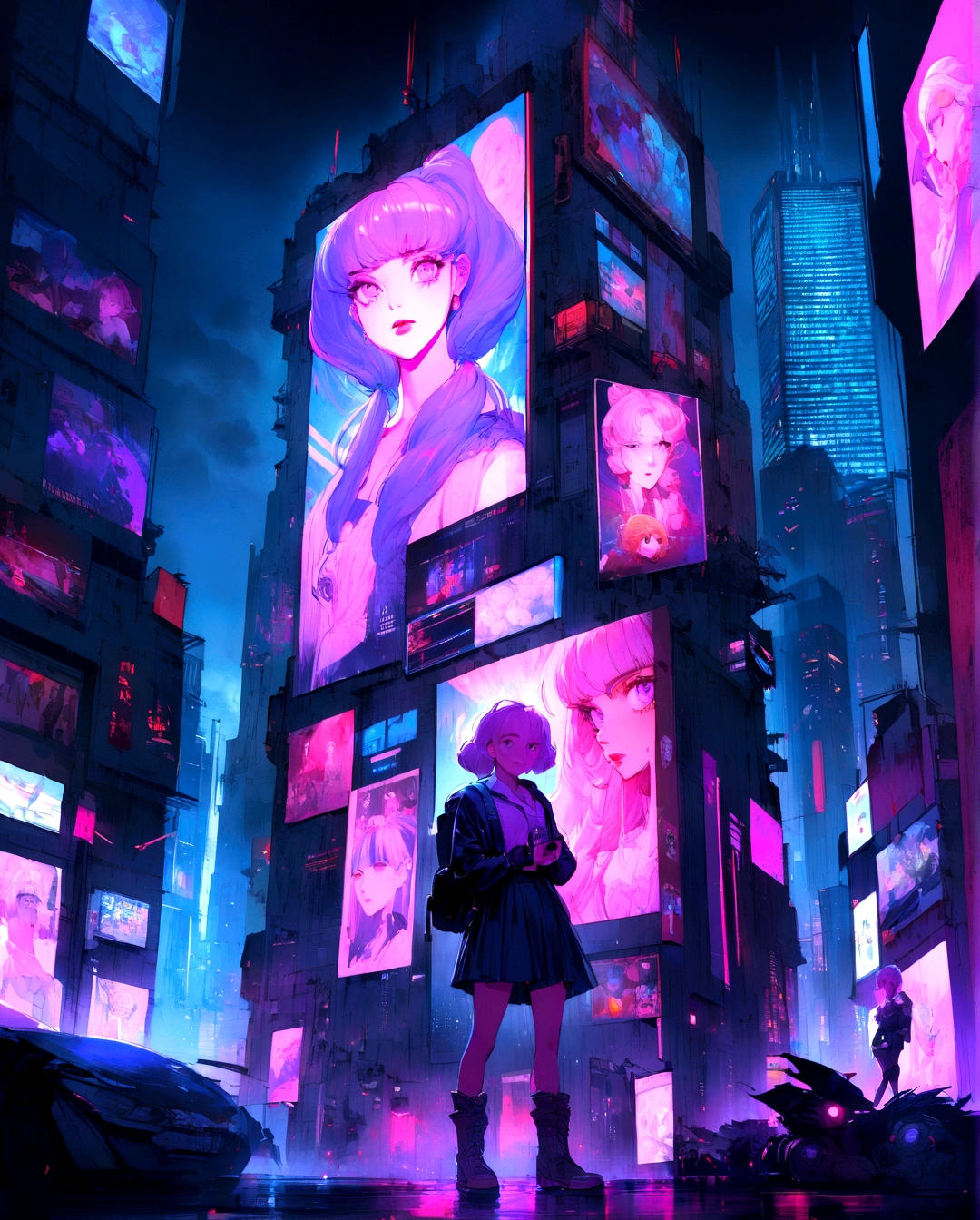 (best qualityer, work of art), 1 girl, 1980s \(styled\), gazing at viewer, Poster \(styled\), In a gritty cyberpunk metropolis, Dora the Explorer morphs into a stunning digital painting, bathed in neon hues and high-contrast lighting. Her portrait, akin to Henriette Kaarina Amelia von Buttlar's realistic artwork, exudes fashion sense and tenacity. Framed by towering skyscrapers and holographic advertisements, Dora's striking visage dominates the composition, her eyes gleaming like LED lights in a darkened alleyway. Amidst this dystopian landscape, her pose screams defiance, as if ready to conquer the virtual realm with nothing but a backpack full of digital gadgets.