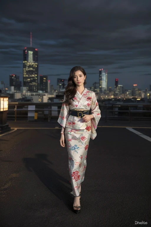 dramatic，Tense atmosphere，((masterpiece)),((best quality)),((High Detail)),((Practical,)) Film Grain，Spectacular clouds，Tokyo night view，Alafid view of the city, Building Street, market, Cyberpunk, European Architecture, night, neon, Panoramic view, Various buildings, Japanese weird style，Movie stills，1 Woman，Stand on the rooftop，Charming long hair，Collar，Delicate face, Delicate and eye-catching, Very detailed eyes，Charming clavicle，(((Intricate Japanese Kimono、Colorful，embroidery，pattern)))，Beautiful long legs，High heel，Very detailed details，Standing