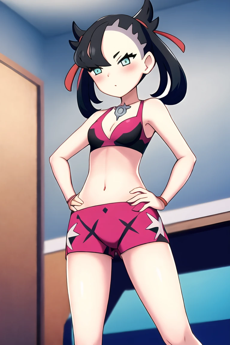 pokemonmarnie, aqua eyes, , black hair, hair ribbon, long hair, red ribbon, ribbon, twintails, room, breasts, cleavage, blush, highres, navel, hand on hip