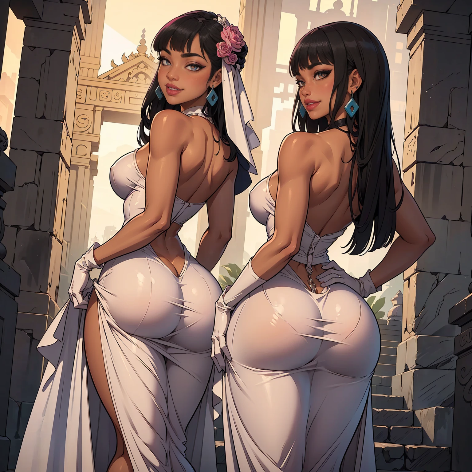 chel_eldorado ((long hair, black hair, bangs, glowing brown eyes, wide eyes, lipstick, makeup, narrow waist, skinny, medium breasts, earrings, alone, gloves, dark skin, black skin)), pelvic curtain, ((white dress, pink details in dress, wedding dress, Scooped up the ass, gloves)), full body, perfect body, (insanely detailed, beautiful detailed face, masterpiece, best quality) , (((solo))), (((1girl))), (((mature))), (extremely detailed 8k paper CG wall unit: 1.1), (wedding, temple, Inca Temple, dusk), (smile face for the viewer), big ass, from back, behind