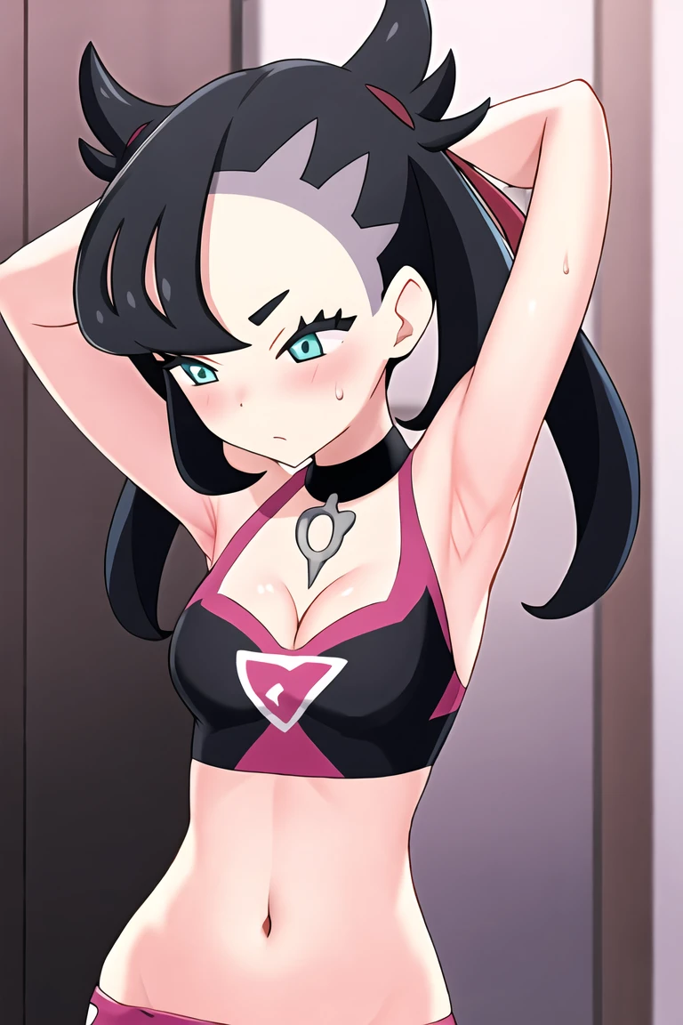 pokemonmarnie, aqua eyes, , black hair, hair ribbon, long hair, red ribbon, ribbon, twintails, room, breasts, cleavage, blush, highres, navel, armpits, sweaty armpits,