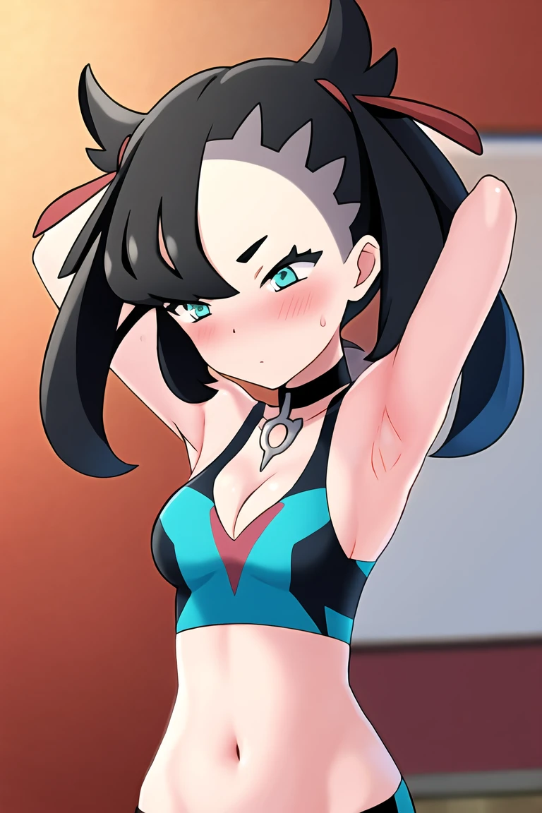 pokemonmarnie, aqua eyes, , black hair, hair ribbon, long hair, red ribbon, ribbon, twintails, room, breasts, cleavage, blush, highres, navel, armpits, sweaty armpits,